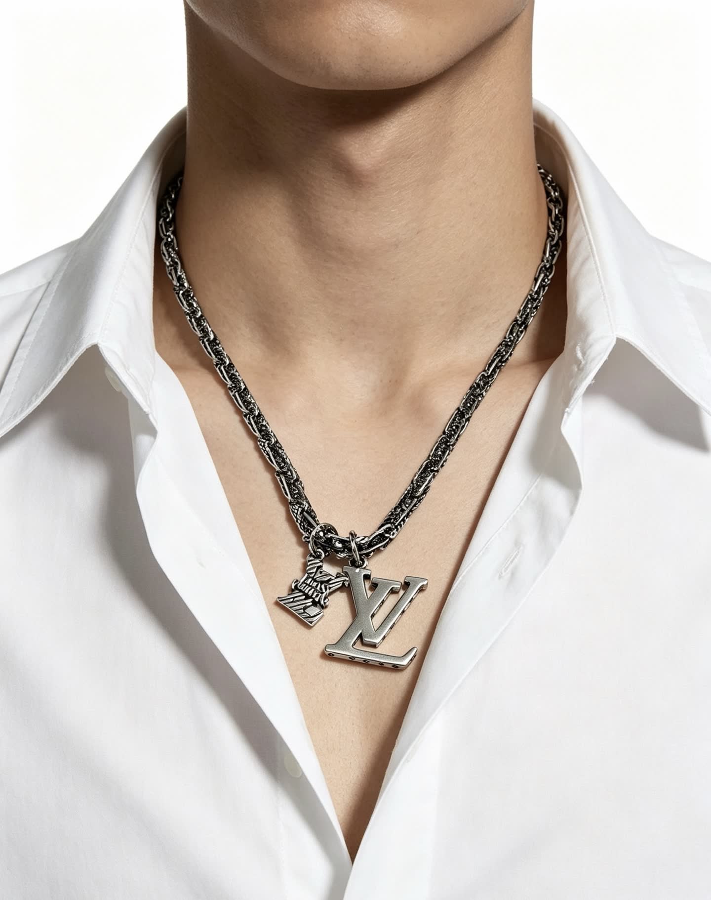 Louis Vuitton Silver Chain Necklace with LV Charms